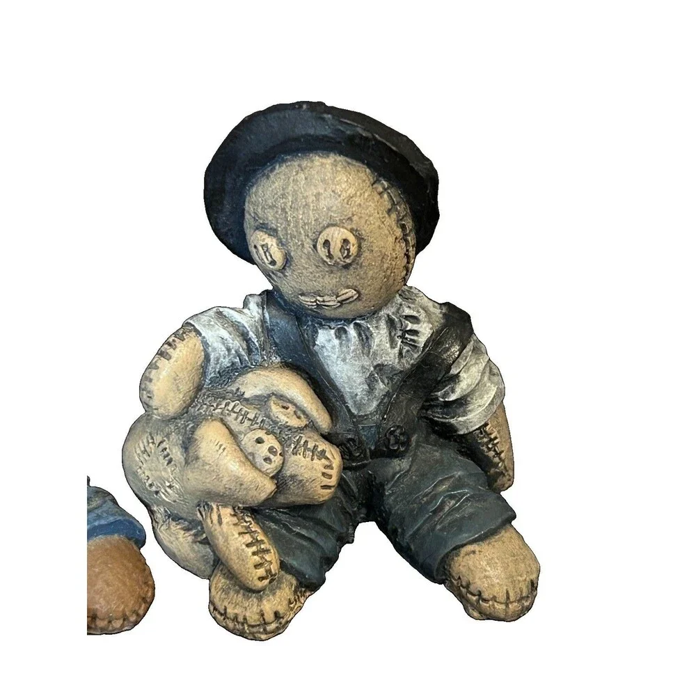 2 Primitive Gothic Voodoo Doll Resin Figurines Button Eye Teddy Watermelon Decor